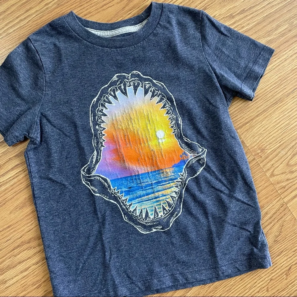 🟢3/$15 OLD NAVY Distressed Shark Mouth Sunset Graphic Tee